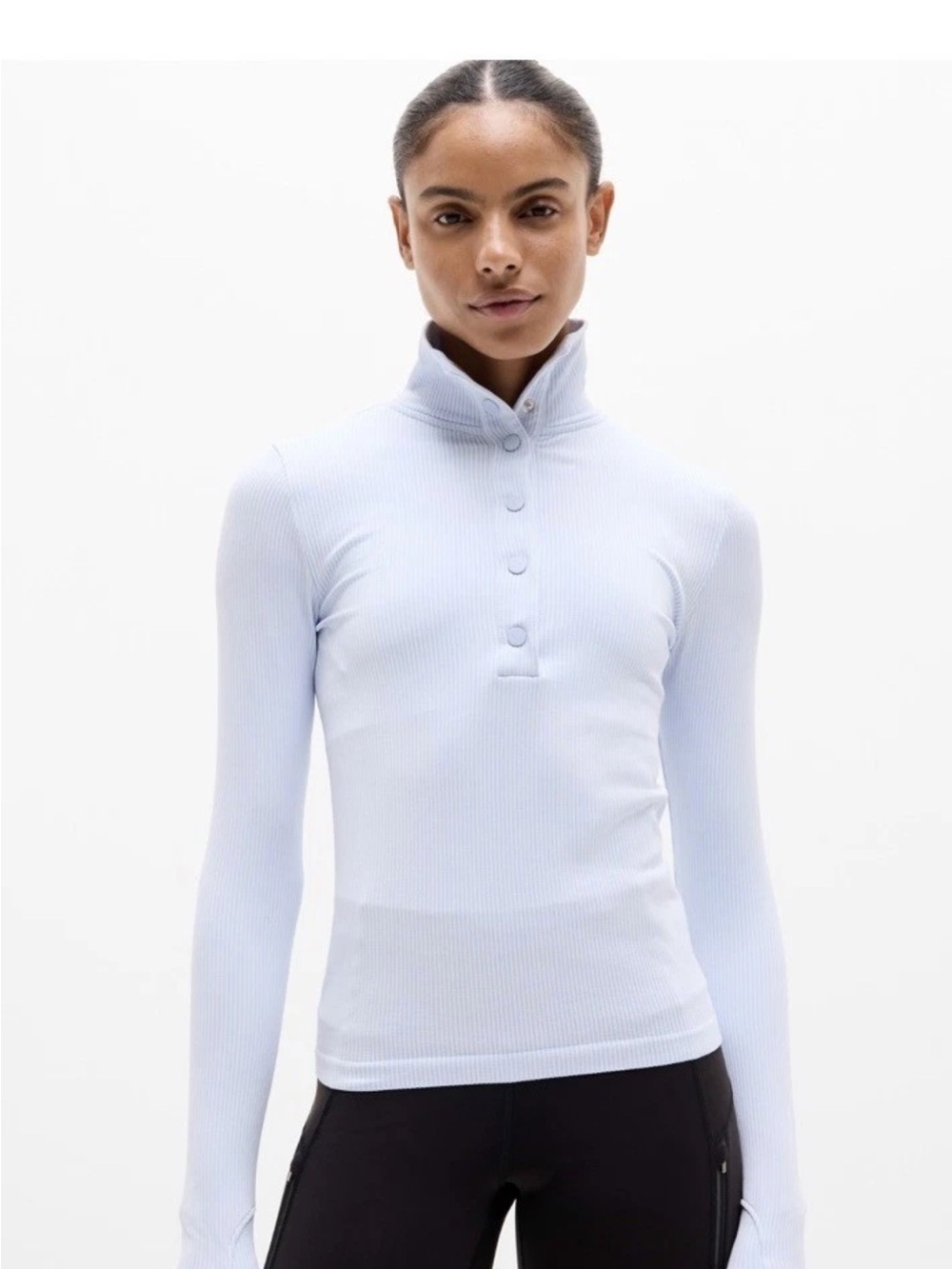 Athleta Pale Blue Ribbed Long-Sleeve Snap-Front Flurry Seamless Henley